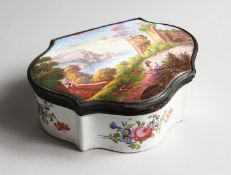 A LARGE ENAMEL BOX AND COVER the top painted with a lake, ruined castle and figure, the sides and