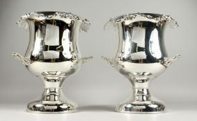 A GOOD PAIR OF TWO HANDLED URN SHAPED WINE COOLERS with fruiting vines
