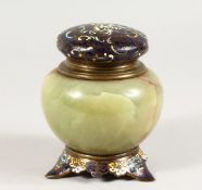 A 19TH CENTURY ONYX AND CLOISONNE ENAMEL INKWELL. 4.5ins.