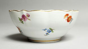 A GOOD MEISSEN CIRCULAR SUGAR BOWL with waved gilt edge and painted with flowers. Cross swords