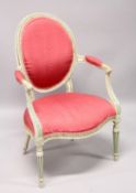 AN ADAM PAINTED WOOD OVAL BACK ARM CHAIR, with sepentine fronted padded seat on turned flank legs.