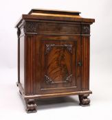 A GOOD 19TH CENTURY MAHOGANY PEDESTAL CUPBOARD, with a concave moulded top, panelled frieze with