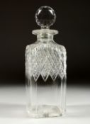 A CUT GLASS SQUARE WHISKEY DECANTER AND STOPPER