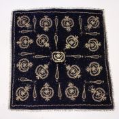 A PIECE OF TURKISH FABRIC with silver inlay on a blue ground 2ft 11ins x 3ft 1ins.