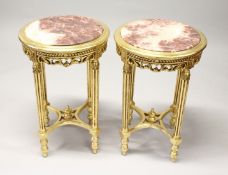 A PAIR OF FRENCH STYLE, ROUND, GILTWOOD AND MARBLE SQUARE SHAPE OCCASIONAL TABLES. 2ft 7ins high x