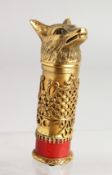 A SUPERB RUSSIAN SILVER GILT AND ENAMEL DOG'S HEAD WALKING STICK HANDLE. 3.5 ins.