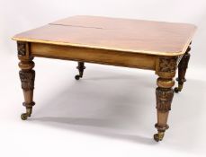 A GOOD 19TH CENTURY MAHOGANY EXTENDING DINING TABLE, with three leaves, the rounded top supported on