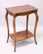 A SMALL 19TH CENTURY FRENCH, KINGWOOD, MARBLE TOP TWO TIER TABLE, with curving legs, ormolu mounts