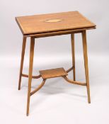 AN EDWARDIAN MAHOGANY FOLDING TOP TEA TABLE, on tapering legs with under tier. 1ft 9ins long.