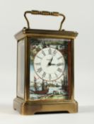 A TIFFANY & CO. FRENCH STYLE CARRIAGE CLOCK, the dial with shipping scenes. 6ins high.
