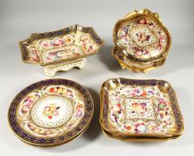A GOOD COALPORT PORCELAIN PART DRESDEN SET, rich blue and gilt ground, painted with fruits.