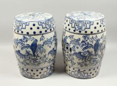 A PAIR OF CHINESE BLUE AND WHITE GARDEN SEATS decorated with parrots. 17ins high.