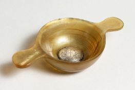 A TWO HANDLED HORN QUAICH with silver tablet engraved SCUAB AS-I