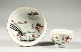 A WORCESTER SEMI-HARD PASTE TEA BOWL AND SAUCER, painted with th Stag Hunt probably Chamberlains.