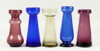 FIVE VARIOUS VICTORIAN HYACINTH VASES.