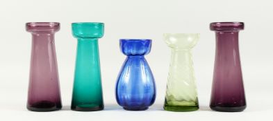 FIVE VARIOUS VICTORIAN HYACINTH VASES.