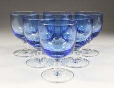 A BOX OF 6 WILLIAM YEOWARD CLEAR BLUE WINE GLASSES.