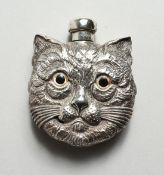 A HEAVY SOLID SILVER CAT FACES PERFUME BOTTLE 2.5ins high
