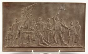 A RECTANGULAR POTTERY PLAQUE. 11 x 6.5ins.