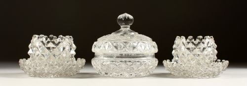 A PAIR OF CIRCULAR HOBNAIL CUT SALTS AND STANDS and a powder bowl and stand.
