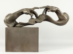 AN ABSTRACT BRONZE AFTER MICHAELANGELO'S CREATION OF ADAM, on a rectangular base.