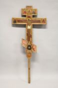 A LARGE 18th / 19th CENTURY RUSSIAN ORTHODOX PAINTED WOODEN DOUBLE SIDED THREE BAR CROSS. 4ft 9ins