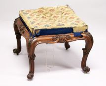 A GOOD VICTORIAN UPHOLSTERED STOOL, with well carved rosewood frame on cabriole legs. 1ft 11ins wide
