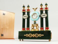 A SUPERB RUSSIAN SILVER AND JADE CLOCK TO COMMEMORATE 1613 TO 1913. Formed as four jade columns