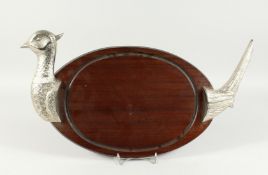 A PHEASANT CARVING WOODEN DISH with plated head and feathers. 19ins long.