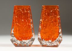 A PAIR OF WHITEFRIARS ORANGE COFFIN VASES 5ins high.