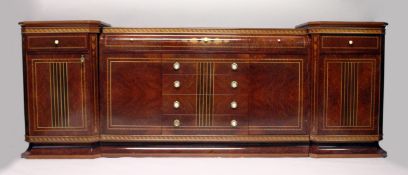 A SUPERB WALNUT INLAID SIDEBOARD AND SIDE PIECES BY DAVID LINLEY, fitted with a drawer and panel