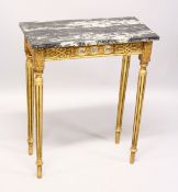 A SMALL GILDED SIDE TABLE, with marble top porcelain panels on turned tapering legs. 2ft long
