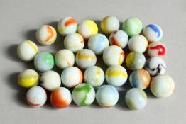 A COLLECTION OF THIRTY VARIOUS COLOURED MARBLES 1-1.5cm.
