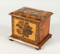 A GOOD TUNBRIDGE WARE MINIATURE CHEST with single door opening to reveal three drawers on bun