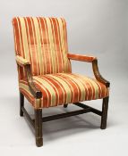 A GOOD GEORGE III DESIGN, MAHOGANY, OPEN ARMCHAIR, upholstered in a Regency stripe fabric.