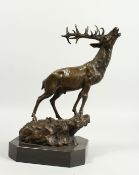 A CAST BRONZE MODEL OF A STAG ON A ROCKY OUTCROP, mounted on a marble base. 14ins high.