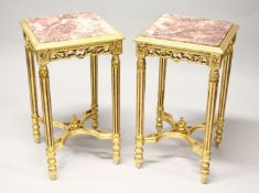 A PAIR OF FRENCH STYLE GILTWOOD AND MARBLE SQUARE SHAPE OCCASIONAL TABLES. 2ft 7ins high x 1ft