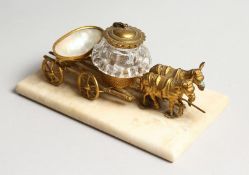 A SMALL FRENCH GILT AND MOTHER OF PEARL INKSTAND, two donkeys pulling a cart 5 ins long.