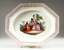 A GOOD BERLIN OCTAGONAL DISH with pierced border, the centre painted with ladies in a garden