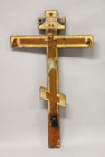 A LARGE 18th / 19th CENTURY RUSSIAN ORTHODOX PAINTED WOODEN DOUBLE SIDED THREE BAR CROSS. 3ft 9ins