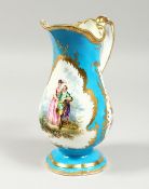 A GOOD PAIR OF SEVRES BLUE GROUND EWERS edged in gilt and painted with three panels of figures and