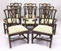 A GOOD SET OF EIGHT GEORGE III DESIGN MAHOGANY DINING CHAIRS, two with arms, all with well carved