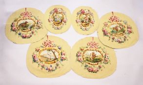 A SET OF FOUR LARGE FABRICS with animal, flowers and ribbons, 2ft 4ins x 2ft 6ins and a pair of