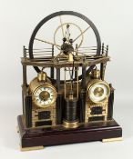A GOOD INDUSTRIAL BRONZE STEAM ENGINE CLOCK with two dials, clock and barometer, with large wheel