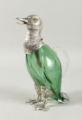 A GOOD GLASS DUCK CLARET JUG with plated head and feet 10ins high.