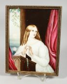 A GOOD CONTINENTAL OVAL PORCELAIN PLAQUE, young girl at a lecturn. 8 x 6ins.