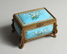 A GOOD SMALL FRENCH BLUE ENAMEL CASKET painted with hairbells with gilt frame 4ins wide.