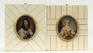 TWO MINIATURES OF LADIES IN BONE FRAMES.