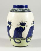 AN ART DECO DESIGN VASE with blue cats and key pattern. 12ins high.