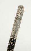 A GOOD INDIAN MOTHER OF PEARL INLAID WALKING CANE with silver handle. 31ins high